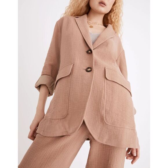 MADEWELL Women's Brown Gauzy Cotton Linen Relaxed Oversize Larsen Blazer Size XS - Picture 4 of 12